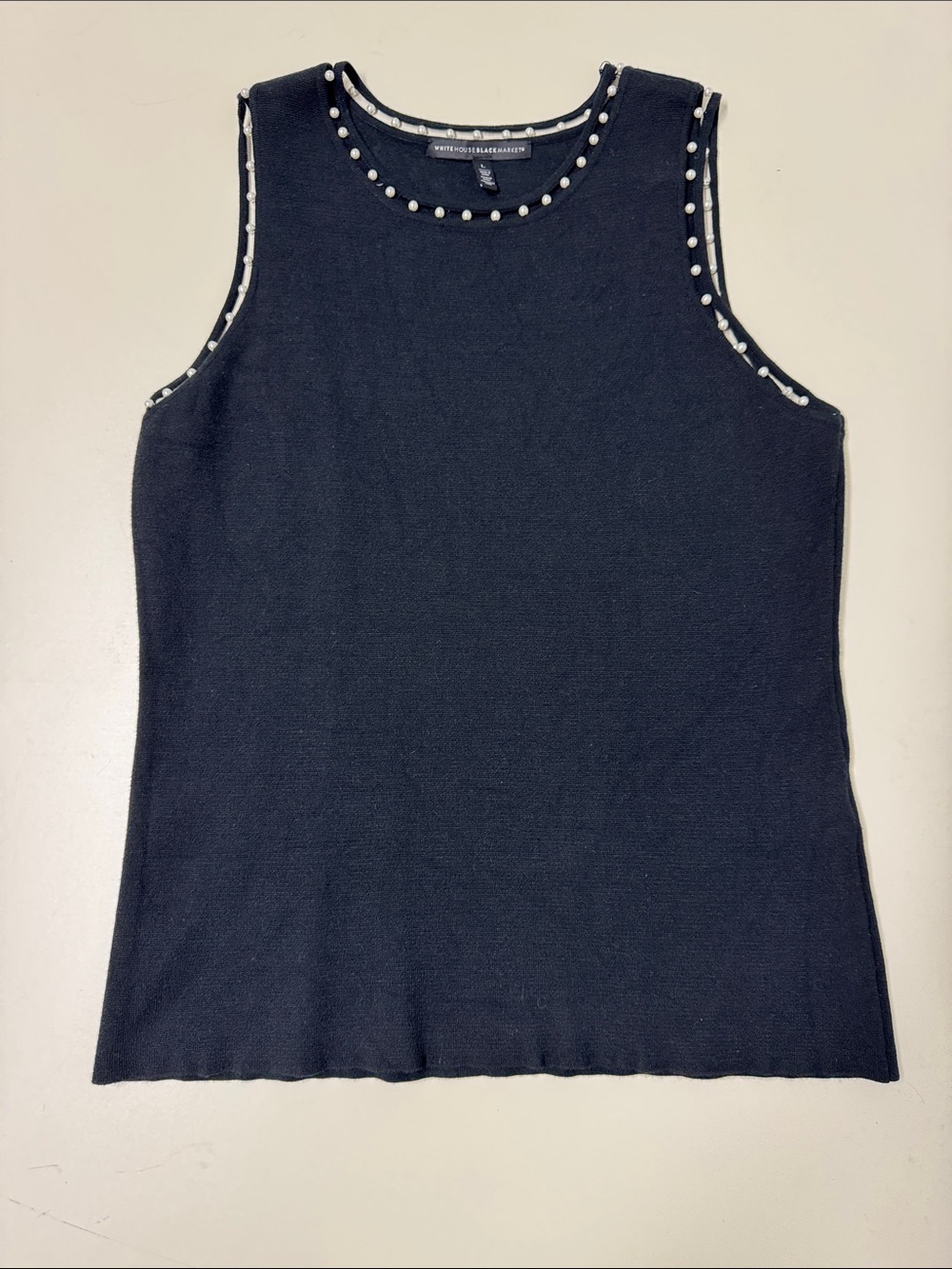 WHBM Sleeveless Black Knit Top with Pearl Trim Detail